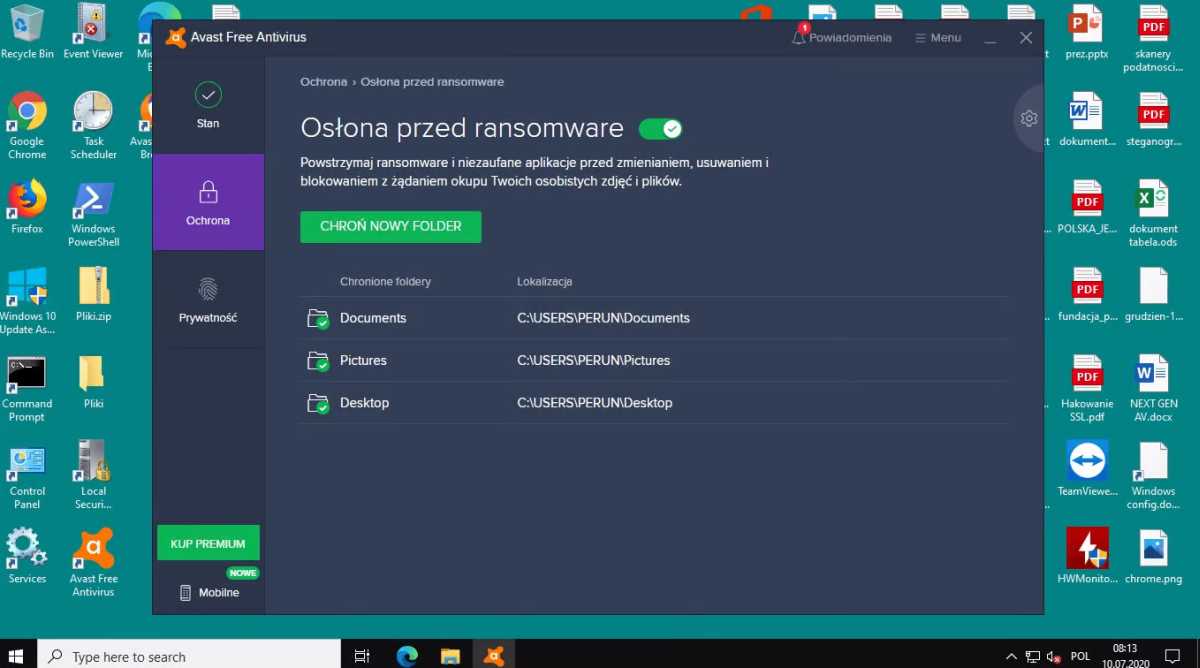 Avast Antywirus menu główne aplikacji w wersji polskiej